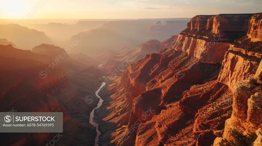 Canyon silhouette, drone's vantage, fading sunlight, vastness, detailed and vivid sunset at the Grand Canyon Generative AI