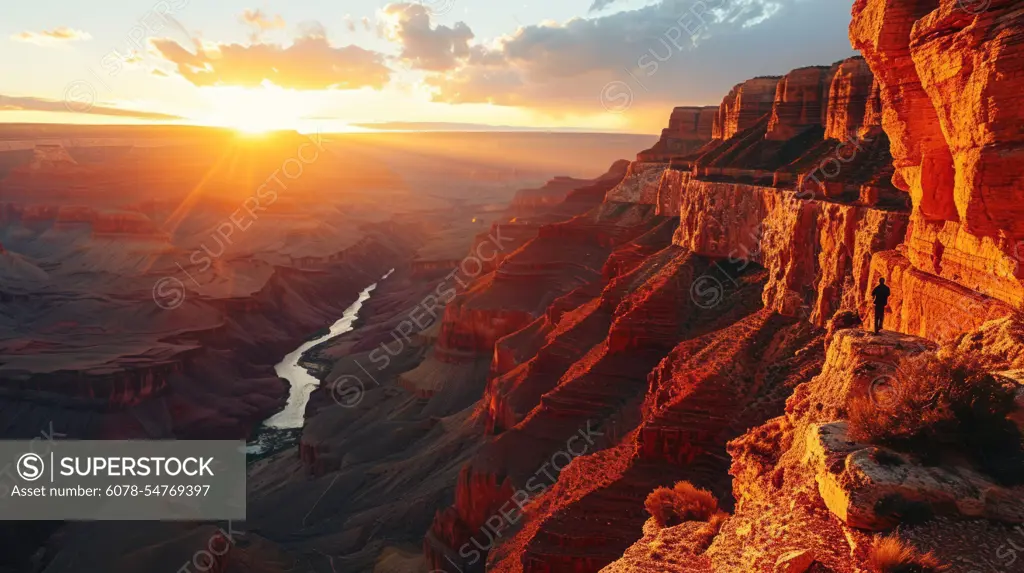 Generative AI Canyon silhouette, drone's vantage, fading sunlight, vastness, detailed and vivid sunset at the Grand Canyon