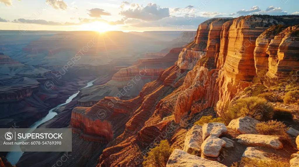 Generative AI Canyon vista, drone's eye view, sun dipping, immense canyon, realistic sunset scene at the Grand Canyon -