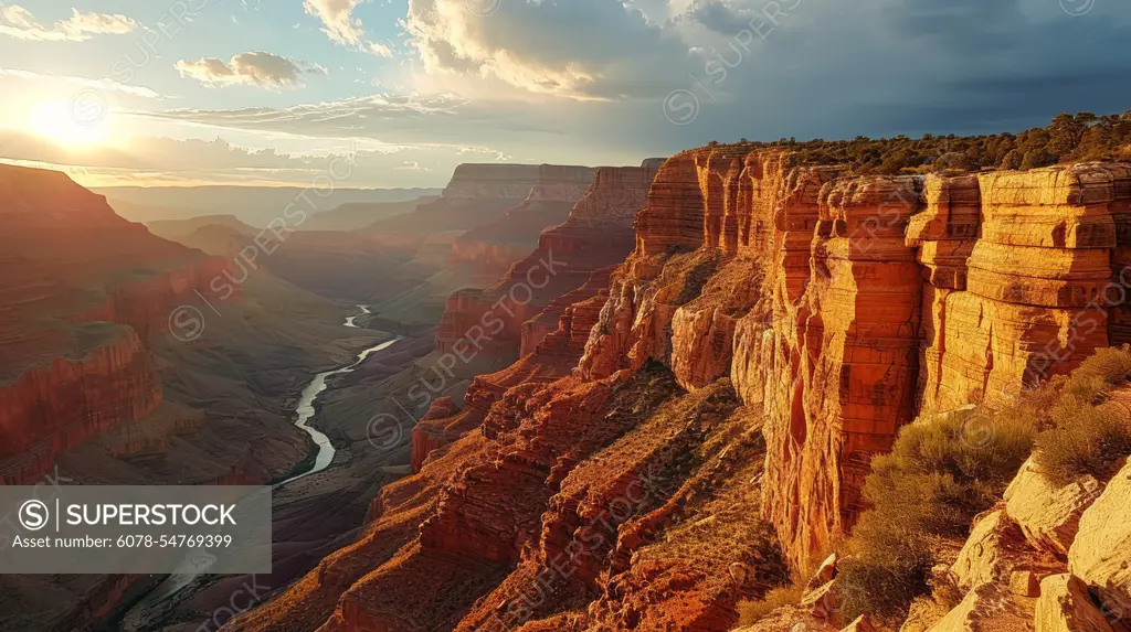 Canyon vista, drone's eye view, sun dipping, immense canyon, realistic sunset scene at the Grand Canyon - Generative AI