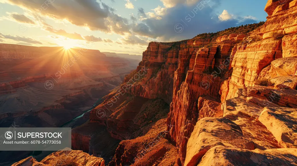 conic canyon rims, drone's altitude, sun setting, rugged terrain, high-definition sunset tableau in the Grand Canyon Generative AI