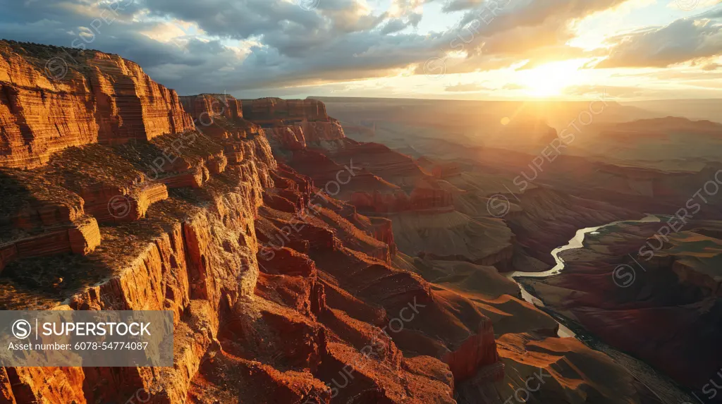 Generative AI Natural wonder, aerial drone shot, setting sun, panoramic canyon views, highly detailed Grand Canyon sunset