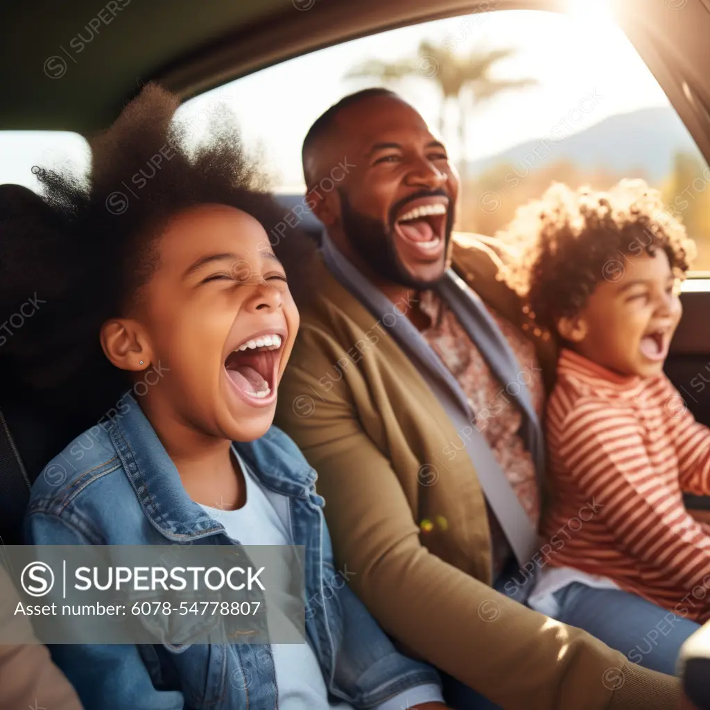 Stock image of a family taking a road trip, laughing and singing in the car Generative AI