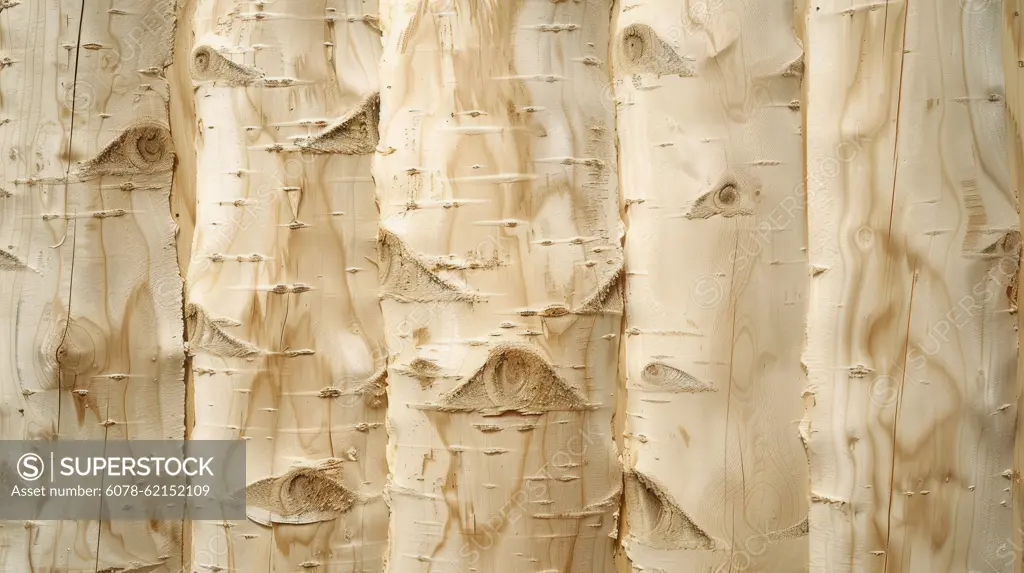 A close-up view of several sections of birch tree bark, showing the natural texture of the wood and its unique patterns. The bark is light brown in color, with some darker areas, and the texture is rough and slightly bumpy. The image captures the beauty of this natural material, highlighting the intricate details of the tree's outer layer.