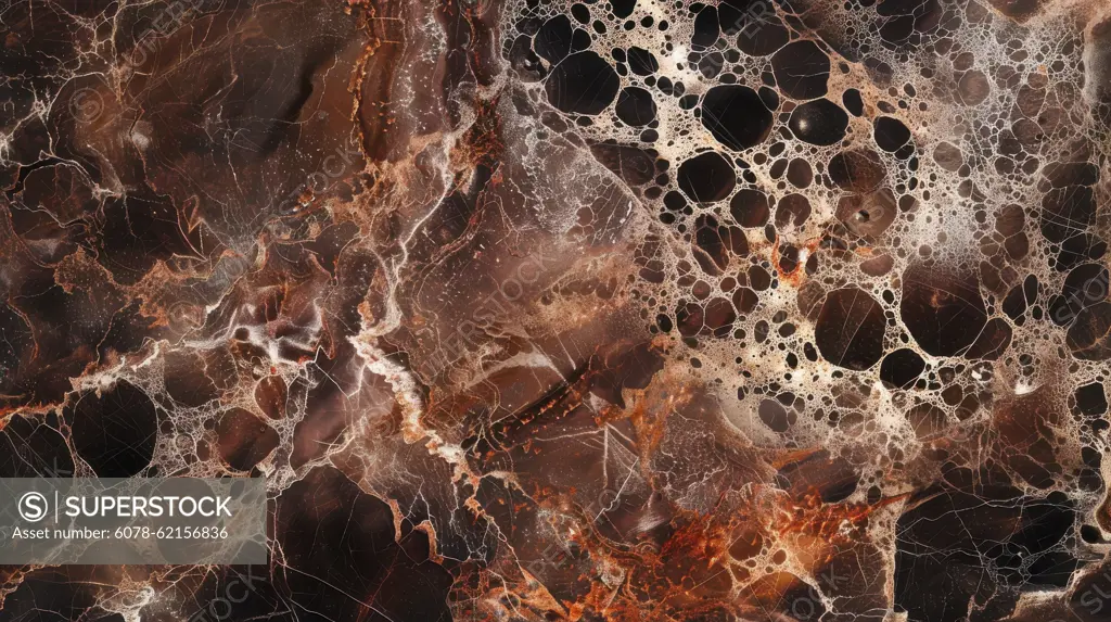 A close-up view of brown marble with white veins and circular patterns. The marble has a rich, deep brown color with lighter brown and white veins that create intricate designs. The circular patterns are formed by clusters of smaller, white dots that appear to be trapped within the marble. The surface of the marble is smooth and polished.