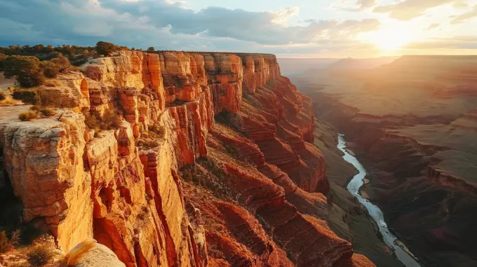 Generative AI Aerial view of majestic cliffs, warm sunset hues, sprawling canyon, detailed drone-captured Grand Canyon dusk