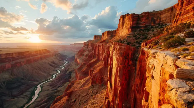 Generative AI Aerial view of majestic cliffs, warm sunset hues, sprawling canyon, detailed drone-captured Grand Canyon dusk