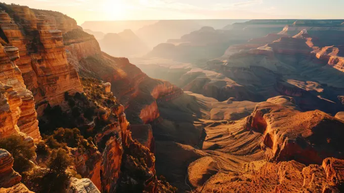 Generative AI Canyon silhouette, drone's vantage, fading sunlight, vastness, detailed and vivid sunset at the Grand Canyon