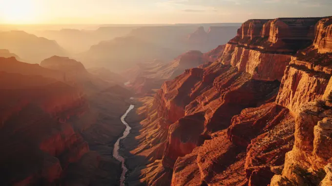 Canyon silhouette, drone's vantage, fading sunlight, vastness, detailed and vivid sunset at the Grand Canyon Generative AI