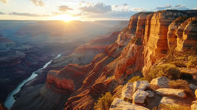 Generative AI Canyon vista, drone's eye view, sun dipping, immense canyon, realistic sunset scene at the Grand Canyon -