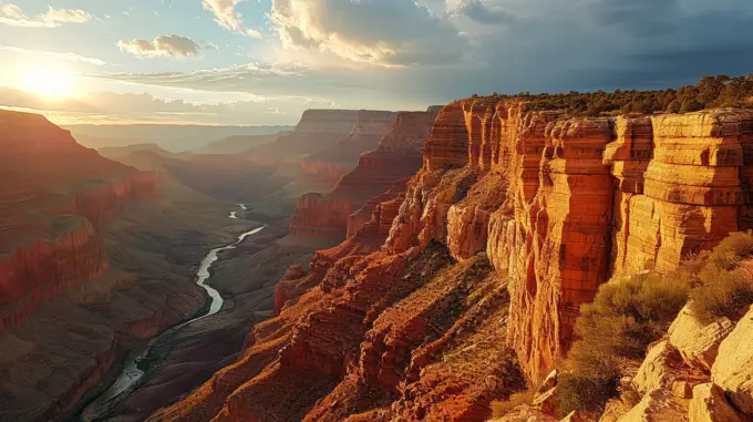 Canyon vista, drone's eye view, sun dipping, immense canyon, realistic sunset scene at the Grand Canyon - Generative AI