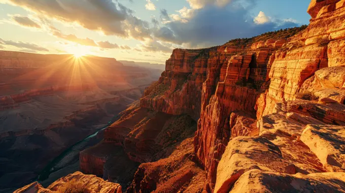 conic canyon rims, drone's altitude, sun setting, rugged terrain, high-definition sunset tableau in the Grand Canyon Generative AI