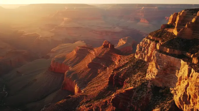 Generative AI Majestic canyon formations, drone's perspective, golden hour tones, vastness, photorealistic sunset over the Grand Canyon