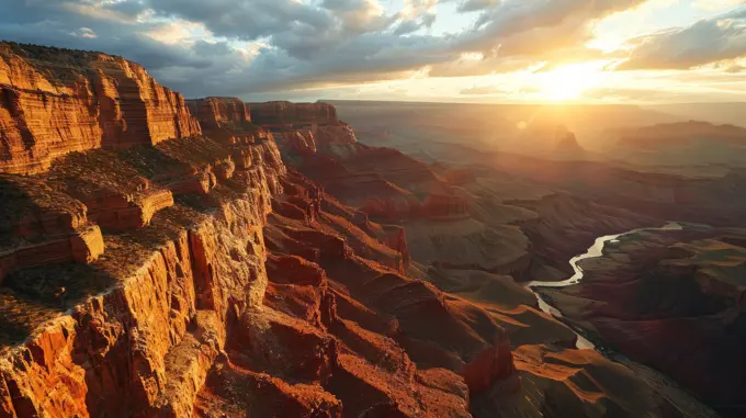 Generative AI Natural wonder, aerial drone shot, setting sun, panoramic canyon views, highly detailed Grand Canyon sunset