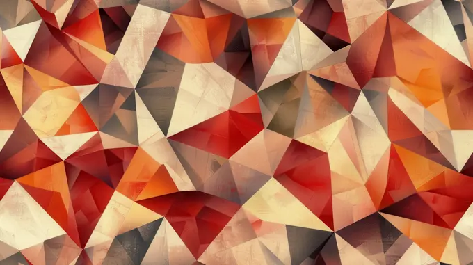 This image features a vibrant, abstract pattern composed of various shapes and colors. The background is predominantly white with subtle brown accents, while the foreground is made up of interlocked geometric shapes in shades of red, orange, and brown. The composition is dynamic and complex, giving the viewer a sense of depth and movement.