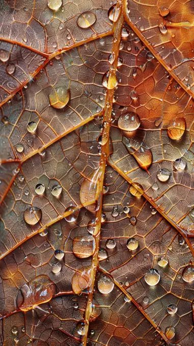 A close-up image of a fall leaf covered in water droplets. The leaf is a vibrant orange and brown, with intricate veins visible. The water droplets are clear and reflect the surrounding colors.