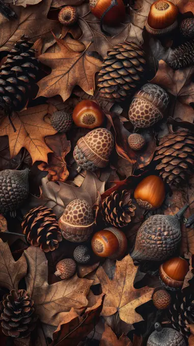 Acorns, pinecones, and leaves are scattered on a forest floor in autumn. The colors are warm and earthy, with the browns and yellows of the leaves and the rich browns of the acorns and pinecones. The light is soft and diffused, creating a sense of peace and tranquility.