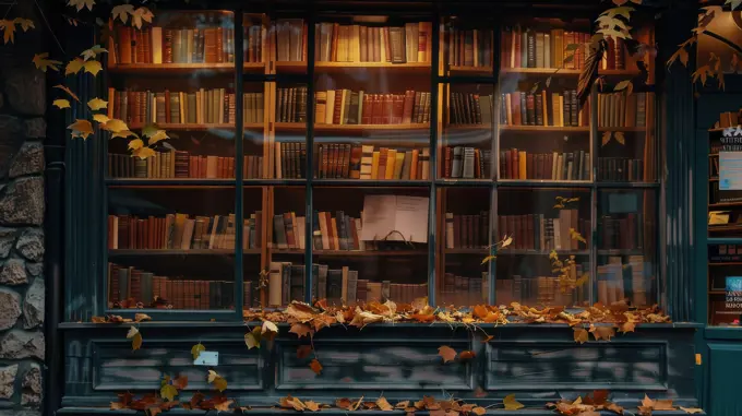 A large storefront window filled with rows of books in a bookcase behind the glass, with many colorful autumn leaves resting on the window sill and below it. The leaves are mostly brown and orange, with some still green.