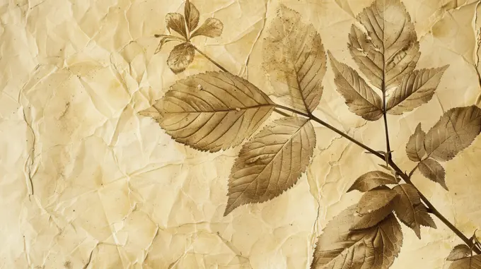 A branch of pressed brown leaves is displayed against a backdrop of crumpled, textured paper. The leaves are arranged in a natural, overlapping pattern, creating a sense of depth and texture. The overall color palette is warm and earthy, with shades of brown and beige dominating the image.