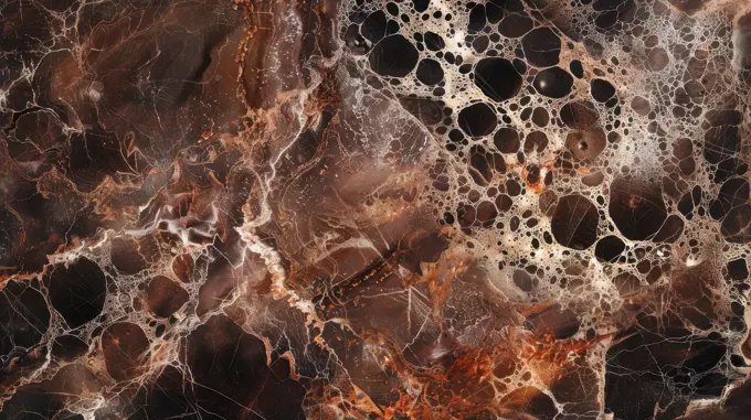 A close-up view of brown marble with white veins and circular patterns. The marble has a rich, deep brown color with lighter brown and white veins that create intricate designs. The circular patterns are formed by clusters of smaller, white dots that appear to be trapped within the marble. The surface of the marble is smooth and polished.