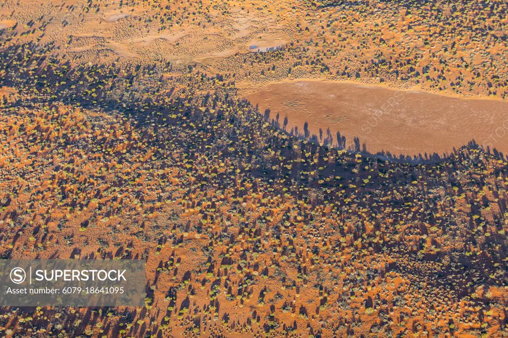 Abstract aerial view of dry arid landscape from central South Australia. Aerial images over the Painted Desert, Dry Creek Beds, and scrub bushland