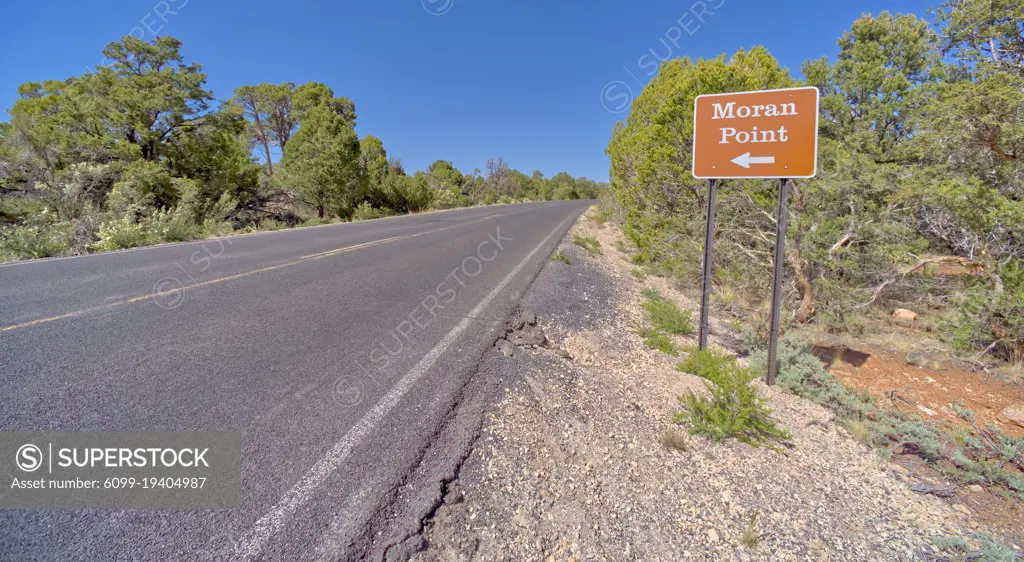 Road sign directing visitors to Moran Point at Grand Canyon South Rim Arizona.