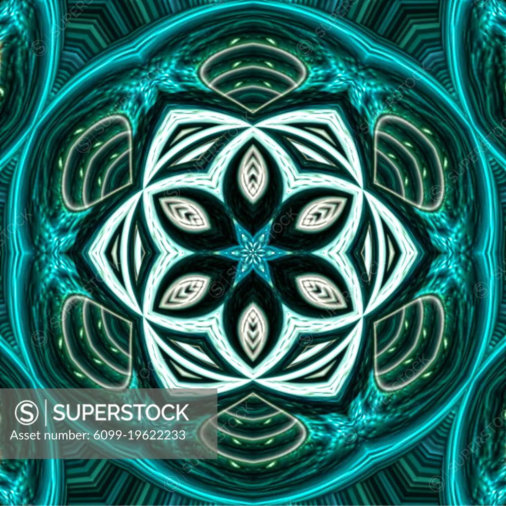 An abstract geometrical pattern created by applying fractal mirroring of a photo of an emerald jewel.