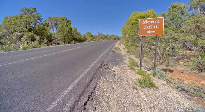 Road sign directing visitors to Moran Point at Grand Canyon South Rim Arizona.