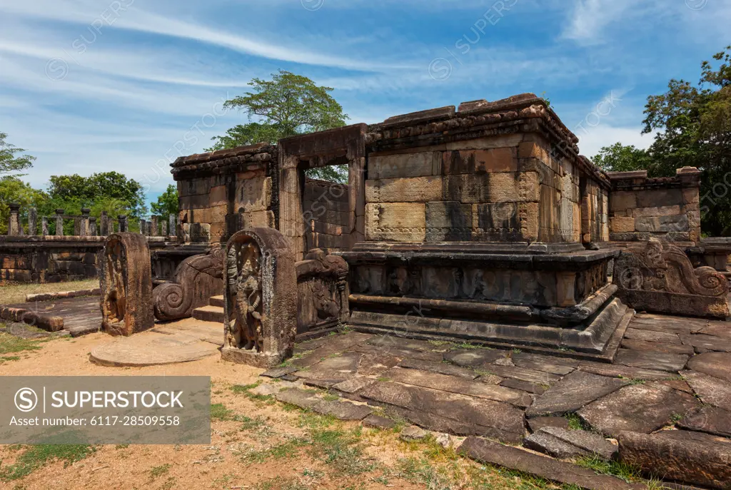 Ancient ruins in Quadrangle group in ancient city Polonnaruwa - famous tourist destination and archaelogical site, Sri Lanka