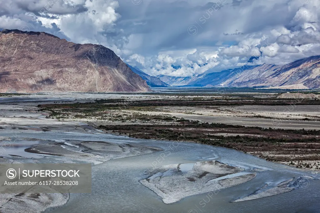 Nubra valley and Nubra river in Himalayas. Ladakh, Jammu and