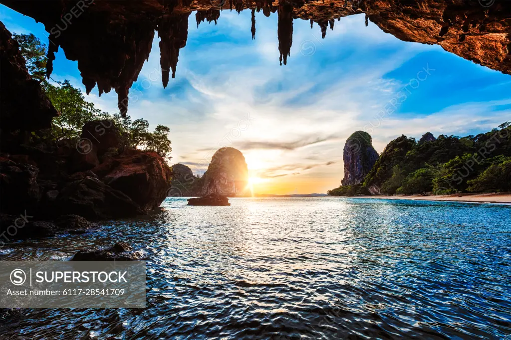Tropical holidays beach vacation in Thailand tourism concept - Pranang beach on sunset. Railay , Krabi Province Thailand