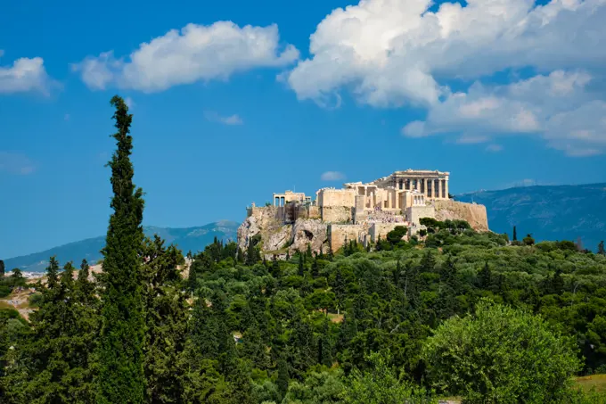 Famous greek tourist landmark - the iconic Parthenon Temple at the Acropolis of Athens as seen from Philopappos Hill, Athens, Greece