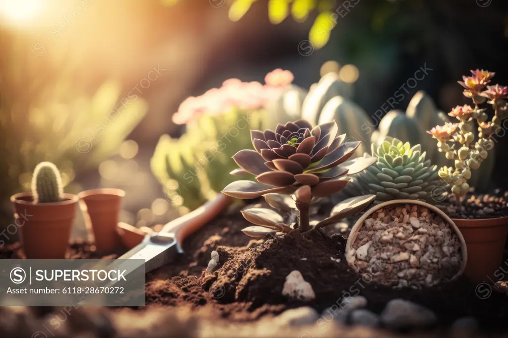 Gardening tools and earthenware pots on an earthen background. generative ai