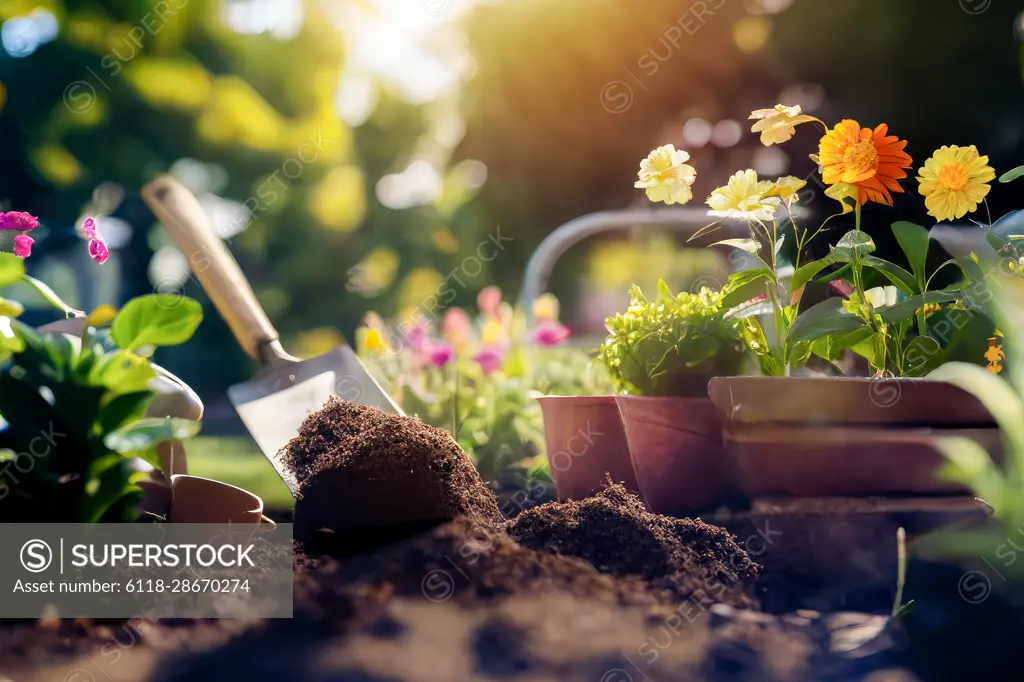 Potted plants and seedlings with gardening tools, generative ai