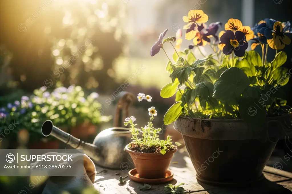 floral ornaments on a table outside at sunset in springtime generative ai,