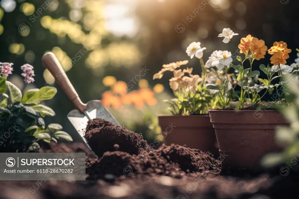 spring background, pots with flowers, gardening concept, generative ai.