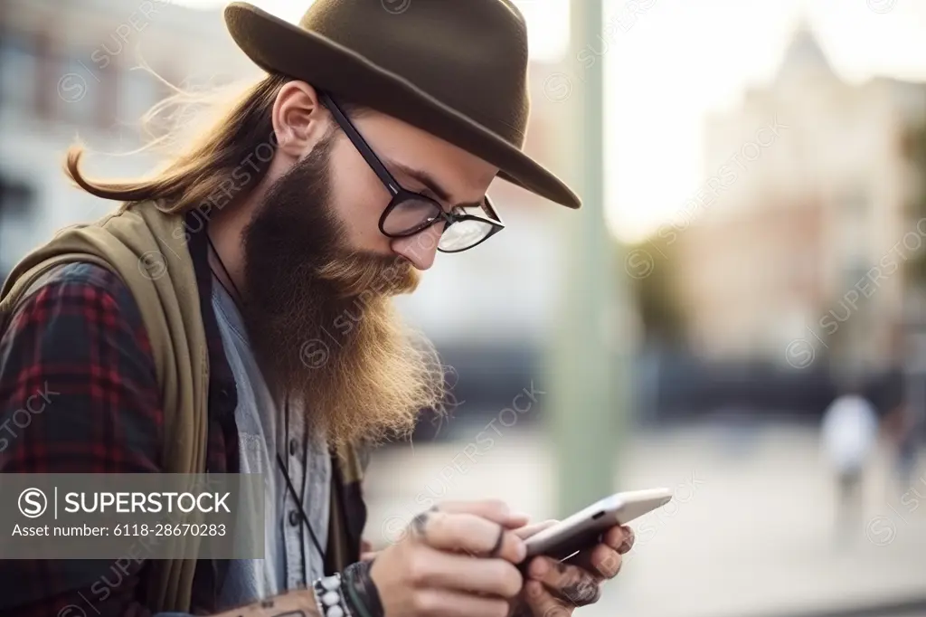 Handsome, old-fashioned hipster in shirt, chatting with smartphone in the city. AI Generative,