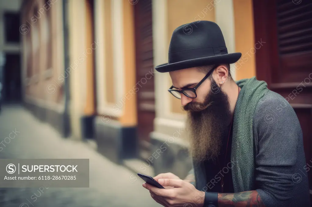 hipster with long beard glasses and hat using his smartphone in the city, Ai generative,