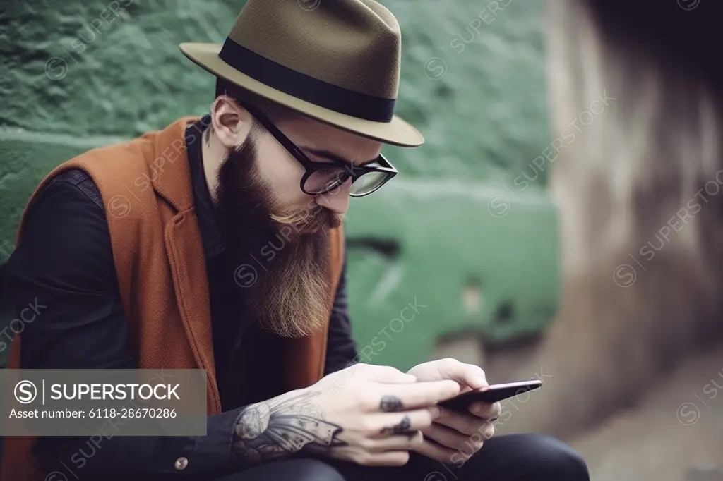 hipster with long beard glasses and hat using his smartphone in the city, Ai generative,