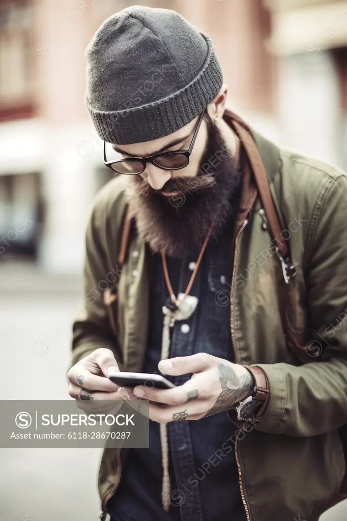 Detalle del hombre hipster con teléfono, AI generativo,