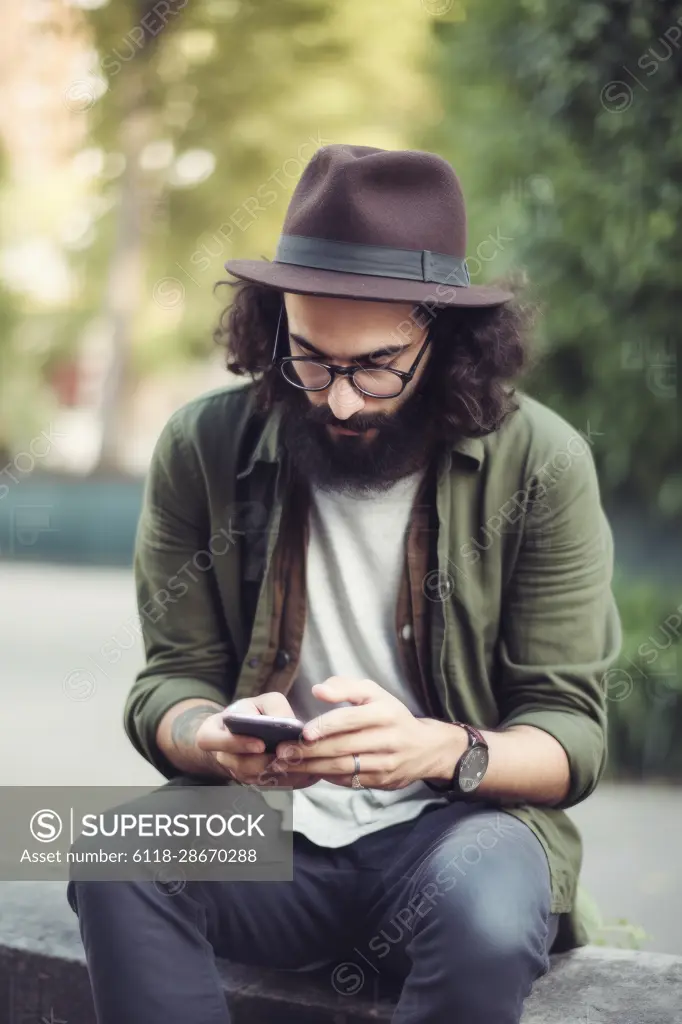 Young male hipster looking at smartphones at city, AI Generative,