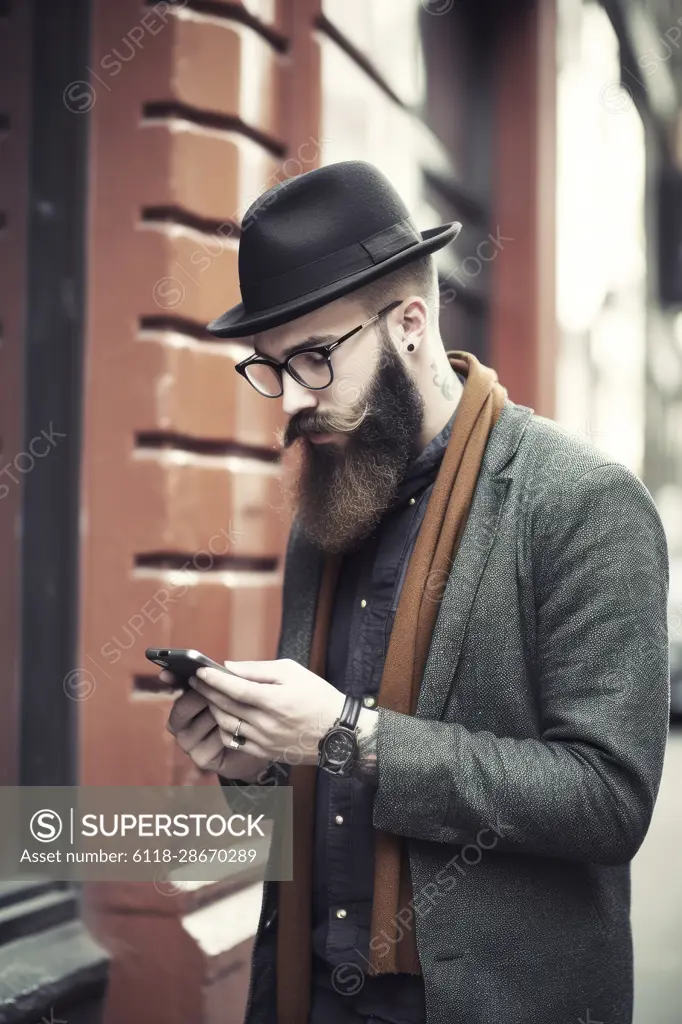 Young male hipster looking at smartphones at city, AI Generative,