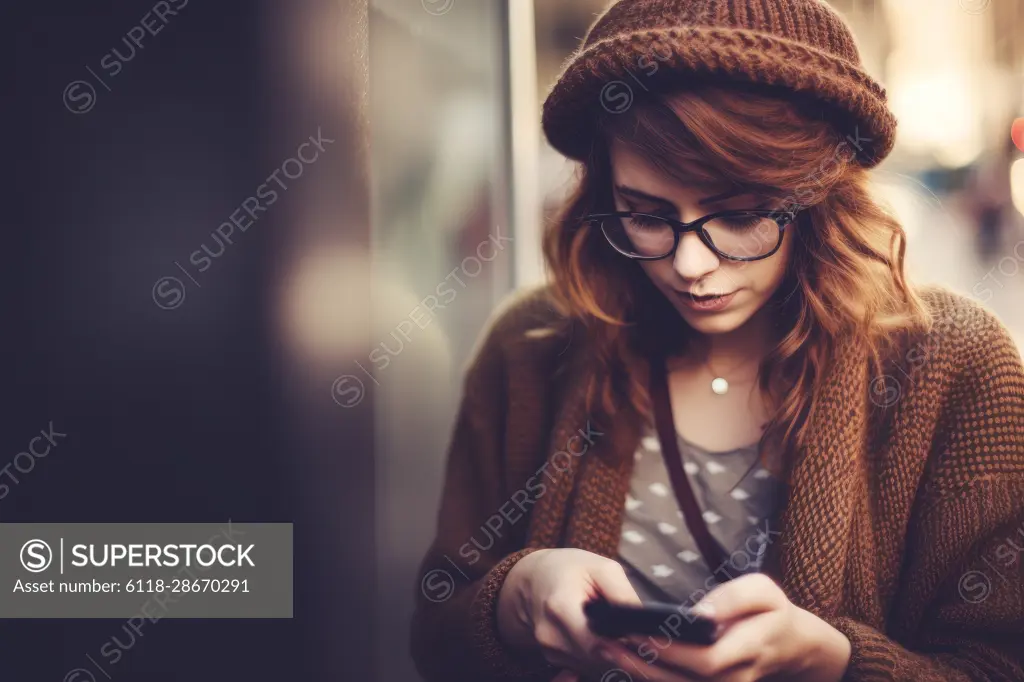 young girl in brown coat and woolen cap, walking through the streets of the city and concentrated using smartphone to interact with her friends. Good vibes. Concept of modern technologies, Ai Generative,