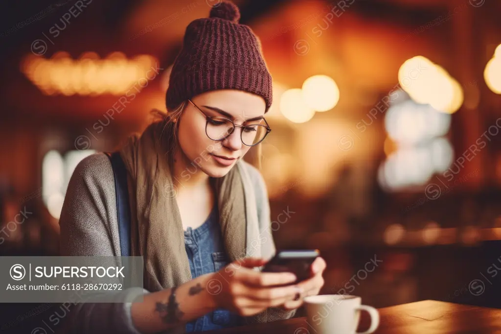 hipster businesswoman working from the diner with her smartphone sipping on a cup of coffee, Ai Generative,