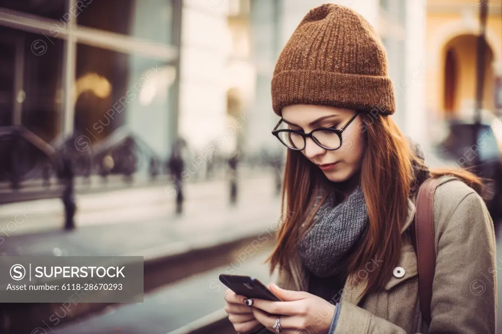 Portrait of young smiling girl in light coat and scarf , walking through city streets and using smartphone to interact with friends. Good vibes. Concept of modern technologies. Ai Generative