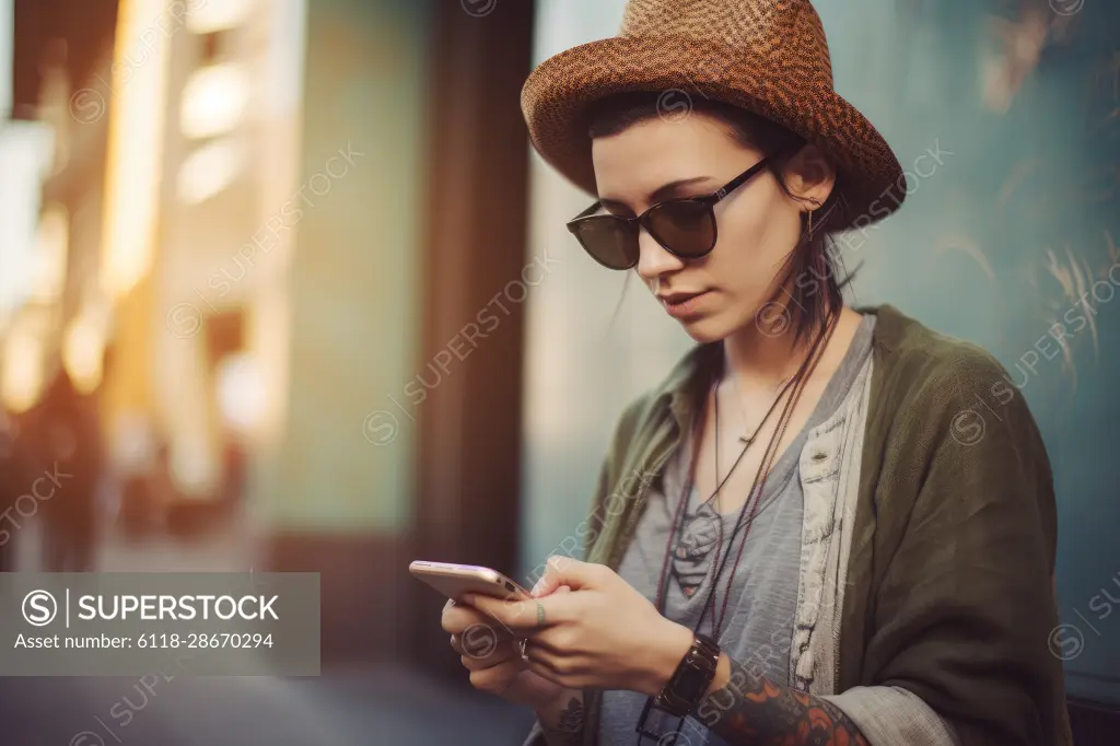 Portrait of young smiling girl in light coat and scarf , walking through city streets and using smartphone to interact with friends. Good vibes. Concept of modern technologies Ai Generative