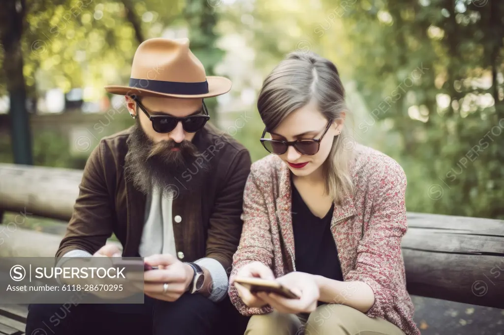 Young hipster couple sitting on a bench interacting with social networks with their smartphone.Ai Generative,