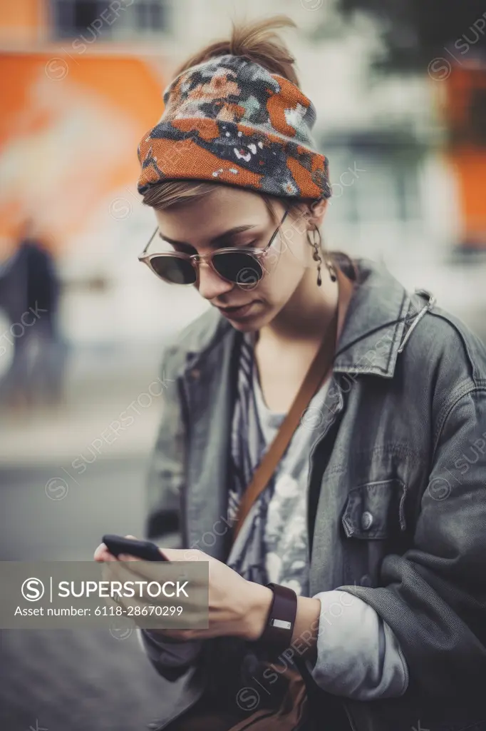 hipster girl with glasses vintage clothes, using smartphone in the city, Ai Generative,