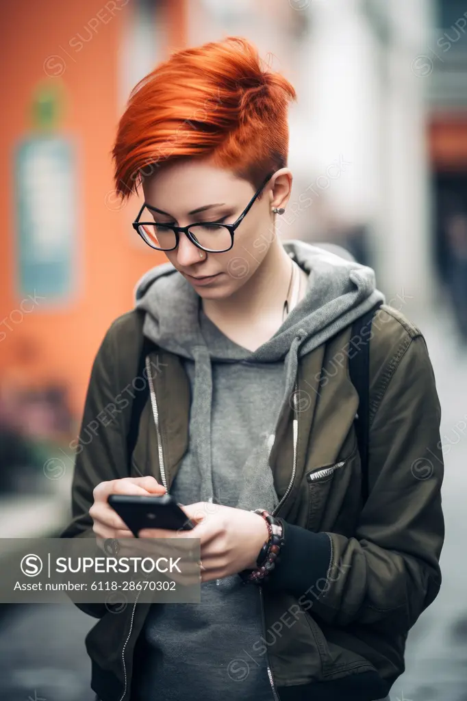 Portrait of young smiling girl in light coat and scarf , walking through city streets and using smartphone to interact with friends. Good vibes. Concept of modern technologies Ai Generative