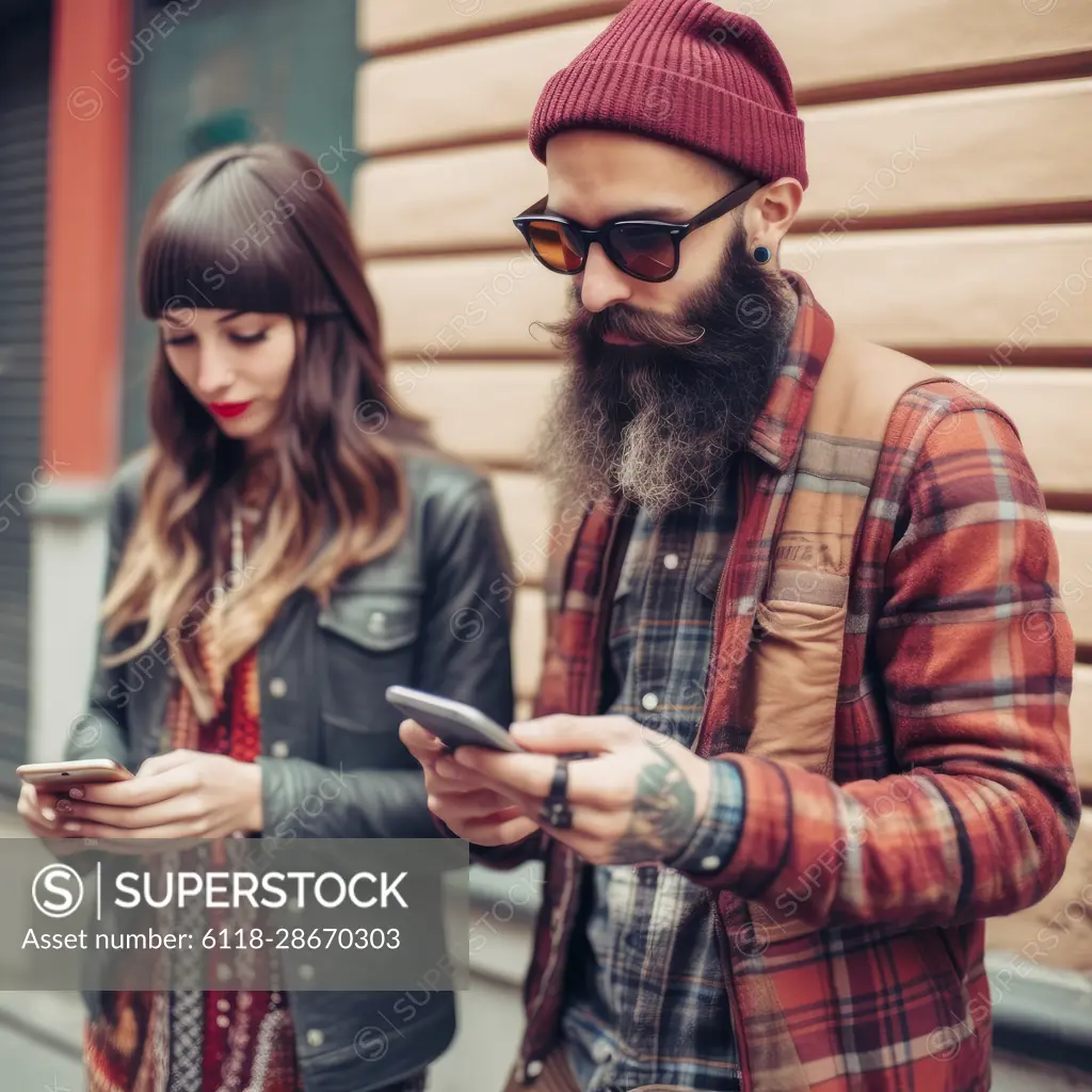 hipster couple looking at smartphone on sidewalk, Ai Generative,